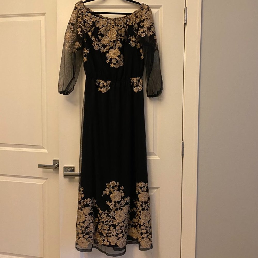Nine West off the shoulder embroidered long black dress (Size 8)